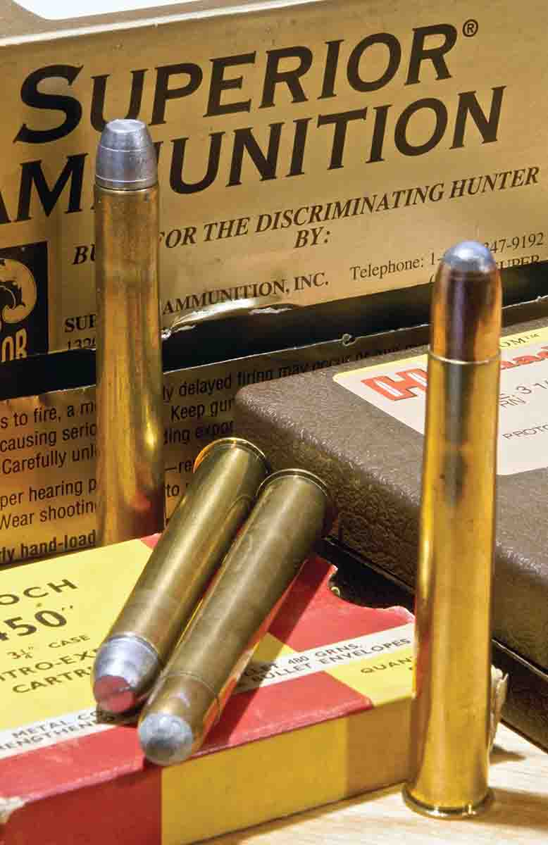 The .450 Nitro Express 31⁄4 Inch has been in continuous production since its introduction in 1898. Its ballistics – a 480-grain bullet at 2,150 fps – defines not only the ballistics of the .450 family but of dangerous-game rifles generally.